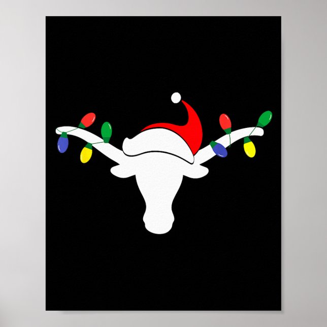 Póster White Longhorn Christmas Lights Santa Hat Horn Ant (Frente)