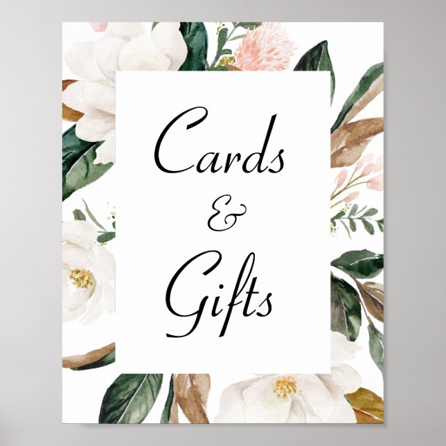 Póster white magnolia floral wedding cards & gifts sign (Frente)