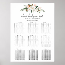 Póster white magnolia floral wedding seating chart