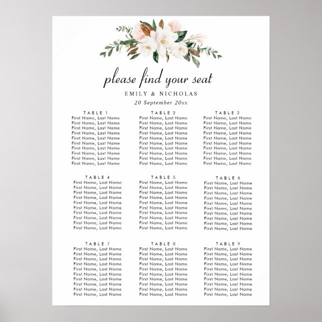 Póster white magnolia floral wedding seating chart (Frente)