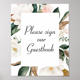 Póster white magnolia flpwers wedding guestbook sign