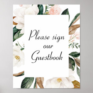 Póster white magnolia flpwers wedding guestbook sign