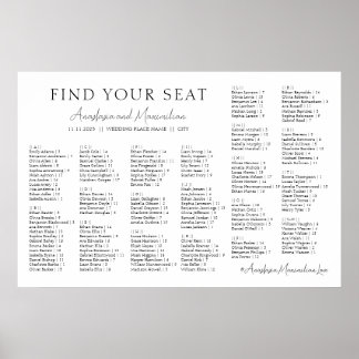 Póster White Minimal Wedding Alphabetical Seating Chart