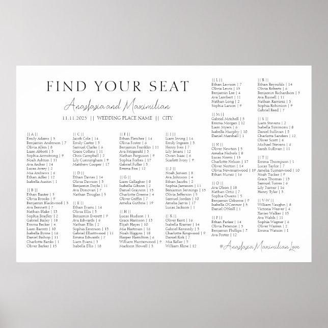 Póster White Minimal Wedding Alphabetical Seating Chart (Frente)