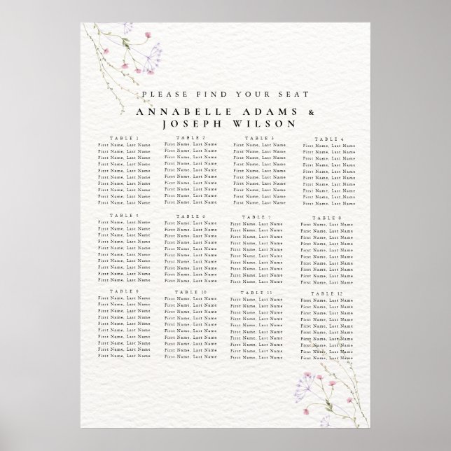 Póster White Minimalist watercolor flowers Seating Charts (Frente)