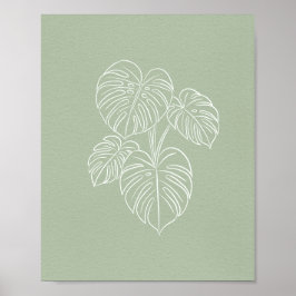 Póster White Monstera Leaf Line Art on Sage Green 