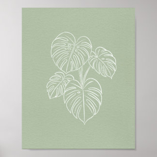 Póster White Monstera Leaf Line Art on Sage Green 