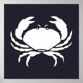 Póster white nautical CRAB silhouette on navy blue