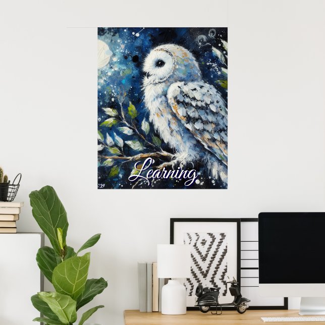 Póster White Owl On Branch Moonlight Personalized Paper (Oficina en casa)