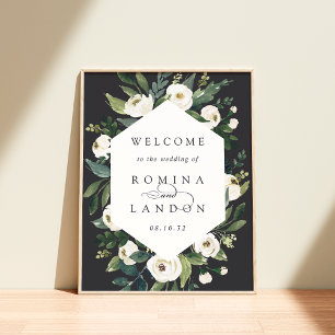 Póster White Peony Watercolor Floral Wedding Welcome