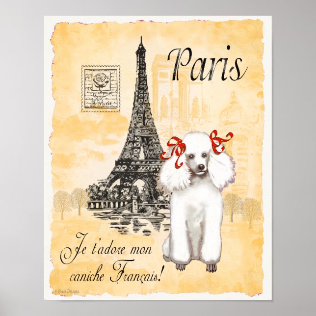 Póster White Poodle Paris Eiffel Tower Viñeta (Frente)
