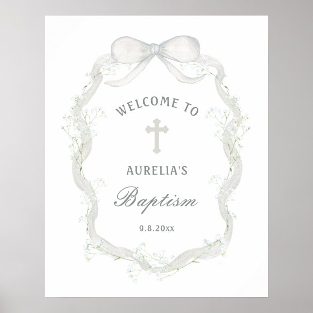 Póster White Ribbon Baby's Breath Baptism Welcome (Frente)