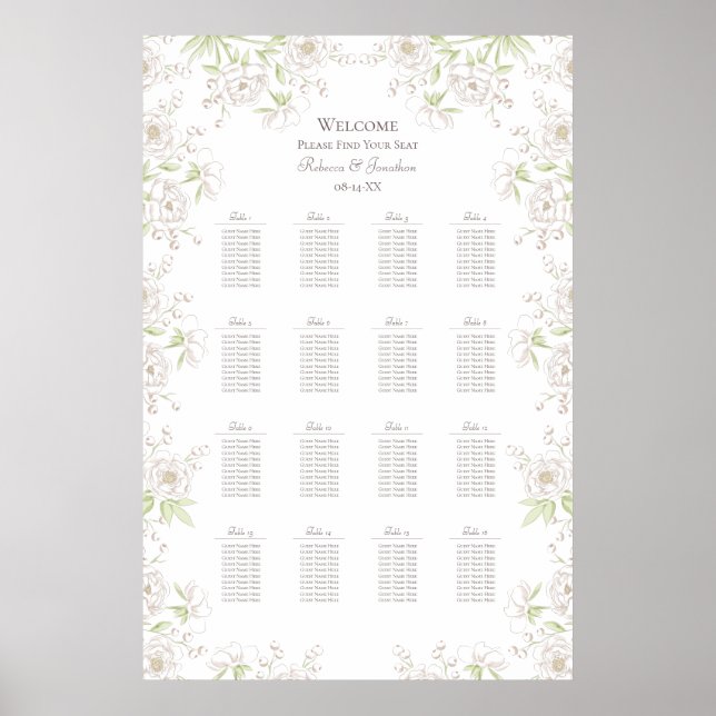 Póster White Rose Classic Wedding Seating Chart (Frente)