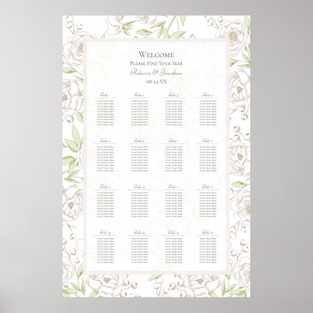 Póster White Rose Classic Wedding Seating Chart (Frente)