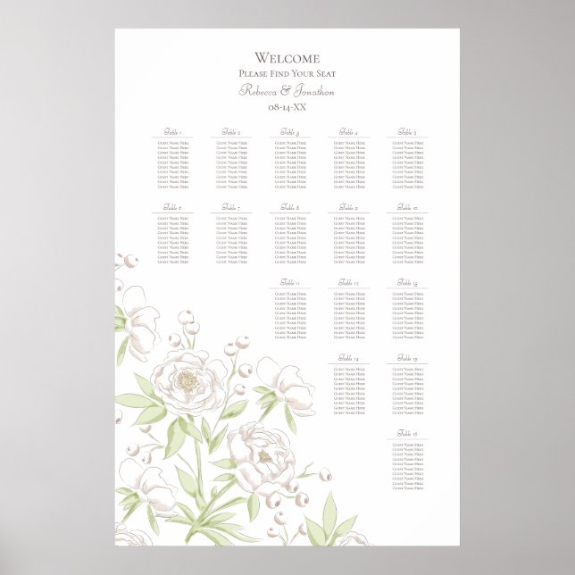 Póster White Rose Classic Wedding Seating Chart (Frente)