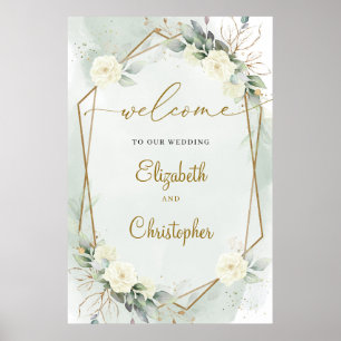 Póster White Roses Green Eucalyptus Gold Geometric