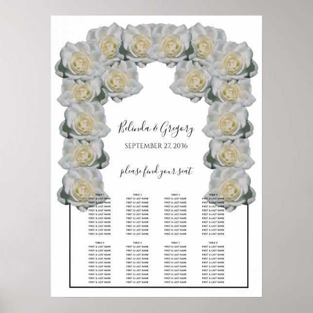 Póster White Roses Wedding Seating Chart (Frente)