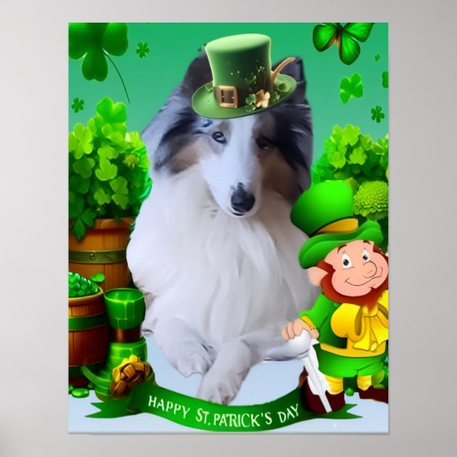 Póster White Rough Collie celebrating St. Patrick's Day (Frente)