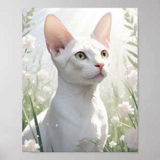 Póster White Sphinx Cat and Flowers