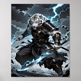 Póster White Tiger Samurai Warrior Blue Lightning Fantasy