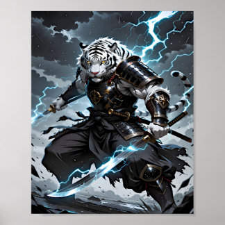 Póster White Tiger Samurai Warrior Blue Lightning Fantasy