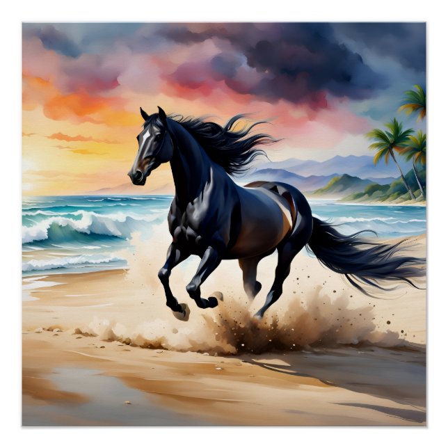 Póster Wild black stallion galloping (Anverso)