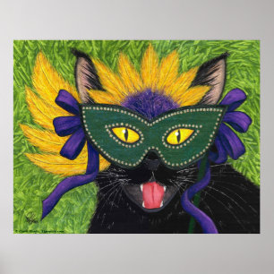 Póster Wild Mardi Gras Cat Party New Orleans Mask Art Pri