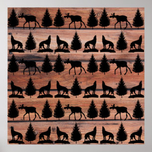Póster Wild Moose Wolf Wilderness Mountain Cabin Rustic
