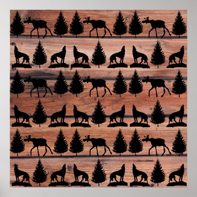 Póster Wild Moose Wolf Wilderness Mountain Cabin Rustic (Frente)