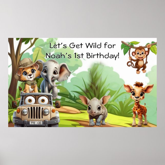Póster Wild One Jungle Safari Birthday Banner – 1st Birth (Frente)
