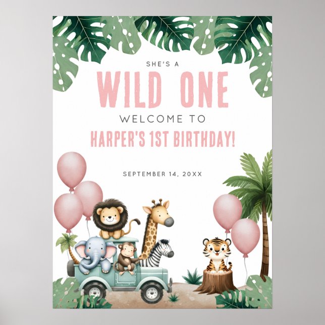 Póster Wild One Pink Safari 1st Birthday Welcome (Frente)