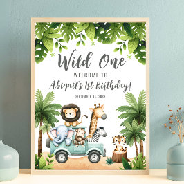 Póster Wild One Safari Jungle 1st Birthday Welcome Sign