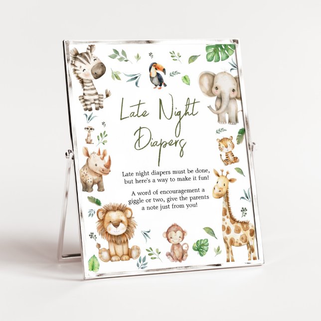Póster Wild One Safari Late Night Diapers Baby Shower (Little Wild One Safari Animals Baby Shower Late Night Diapers Sign)