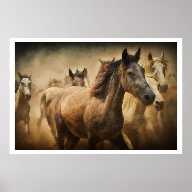 Póster Wild Running Horses: Western Rustic Wildlife Art (Frente)