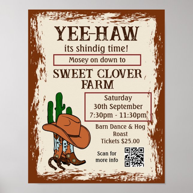 Póster Wild West Rustic Cowboy Western Fiesta QR Code (Frente)