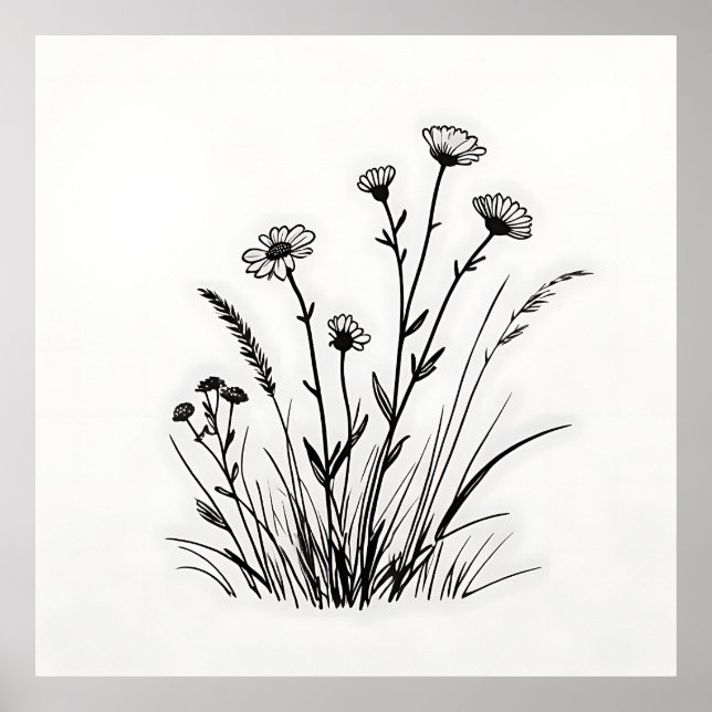 Póster Wildflower Meadow Daisies Line Art (Frente)