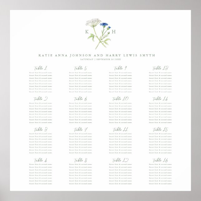 Póster Wildflower monogram green wedding 16 table seating (Frente)