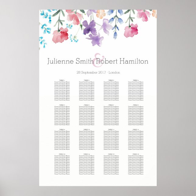 Póster Wildflowers Floral Wedding Seating Chart 16 Tables (Frente)