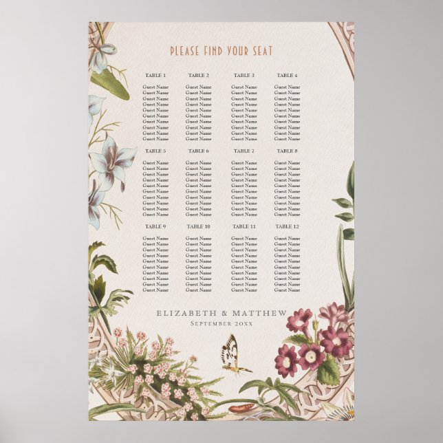Póster Wildflowers Seating Chart Vintage Wedding (Frente)
