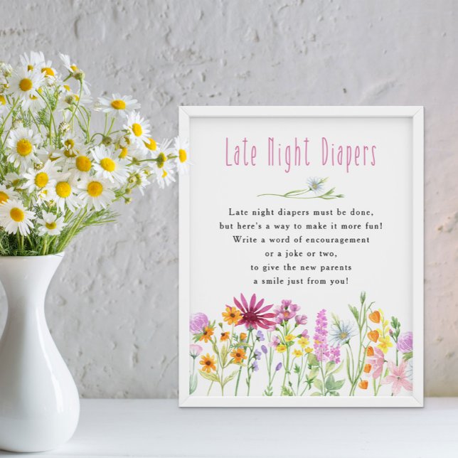Póster Wilflower Meadow Baby Shower de pañales nocturnos  (Late Night Diapers baby shower game - Wildflower Meadow Collection - order printed or digital file)