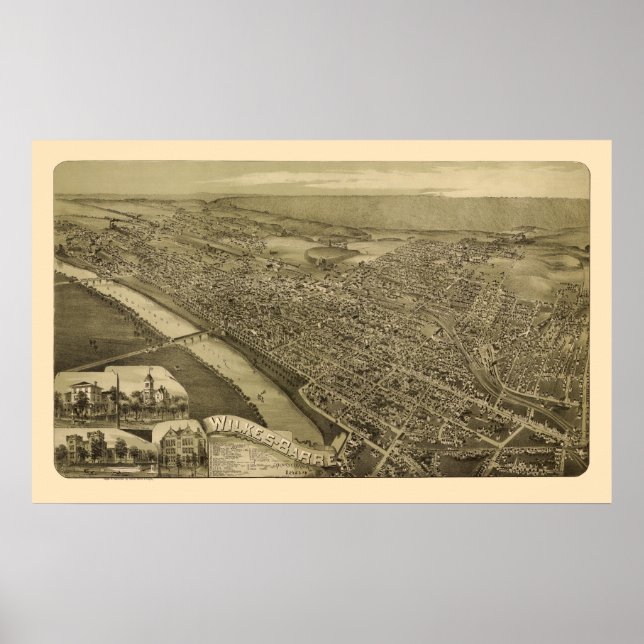 Póster Wilkes-Barre, Mapa Panorámico PA - 1889 (Frente)