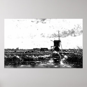 Póster Willem Roelofs - paisaje con molino de viento (mod