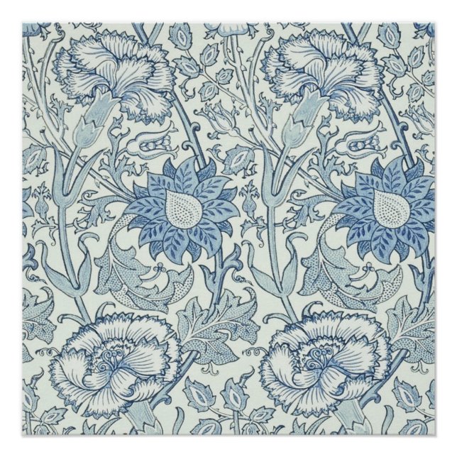 Póster William Morris Hermoso patrón floral, azul, rosa (Anverso)