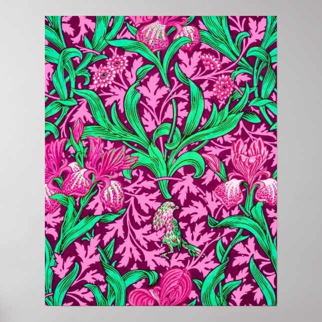 Póster William Morris Irises, Fuchsia rosa y vino (Frente)