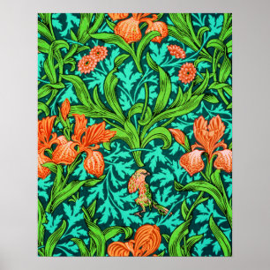 Póster William Morris Irises, Naranja y turquesa