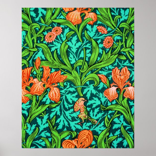 Póster William Morris Irises, Naranja y turquesa (Frente)