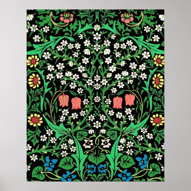 Póster William Morris Jacobean Floral, fondo negro (Frente)
