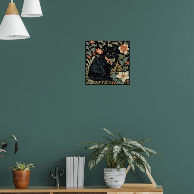 Póster William Morris Style Black Cute Cat Botanical (Salón 1)