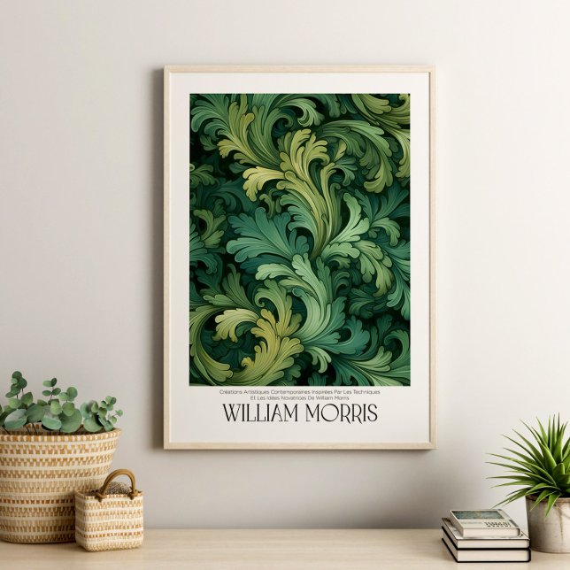 Póster William Morris Vintage Green deja botánico (William Morris Vintage Green Leaves Botanical Poster in a neutral boho living room with house plants)