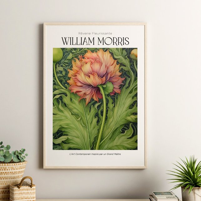 Póster William Morris Vintage Pink Wildflower (William Morris Vintage Pink Wildflower Poster in a neutral boho room in light beige wooden frame.)
